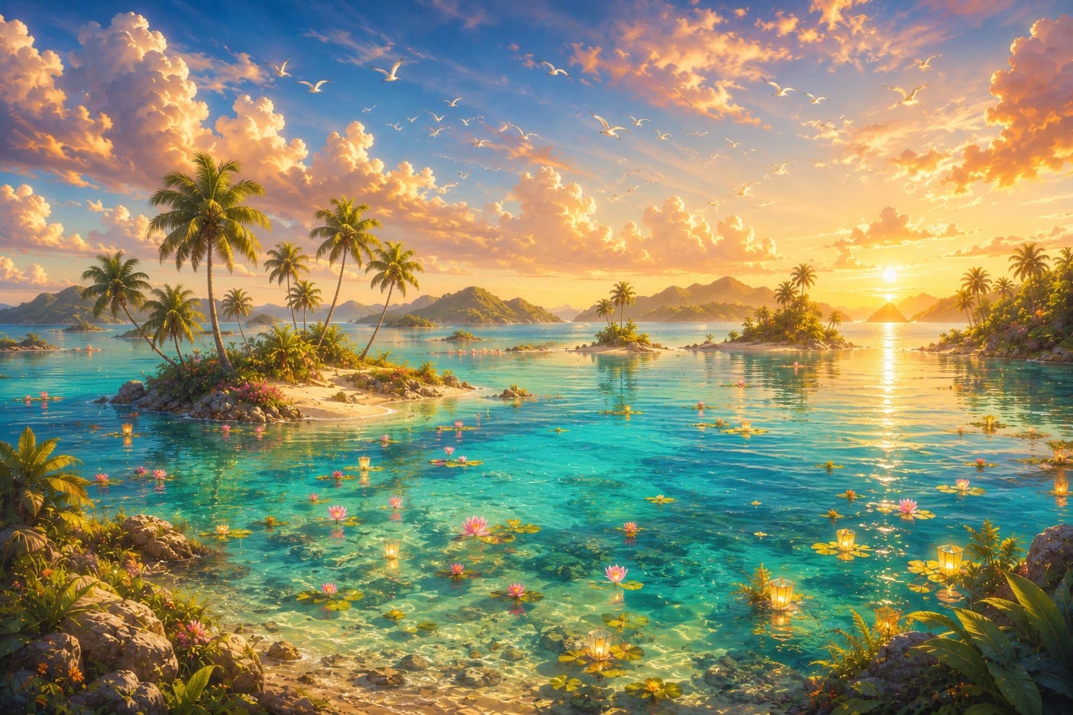 A tropical lagoon at sunset, with palm trees, calm turquoise water, lily pads, floating lanterns, and birds overhead.