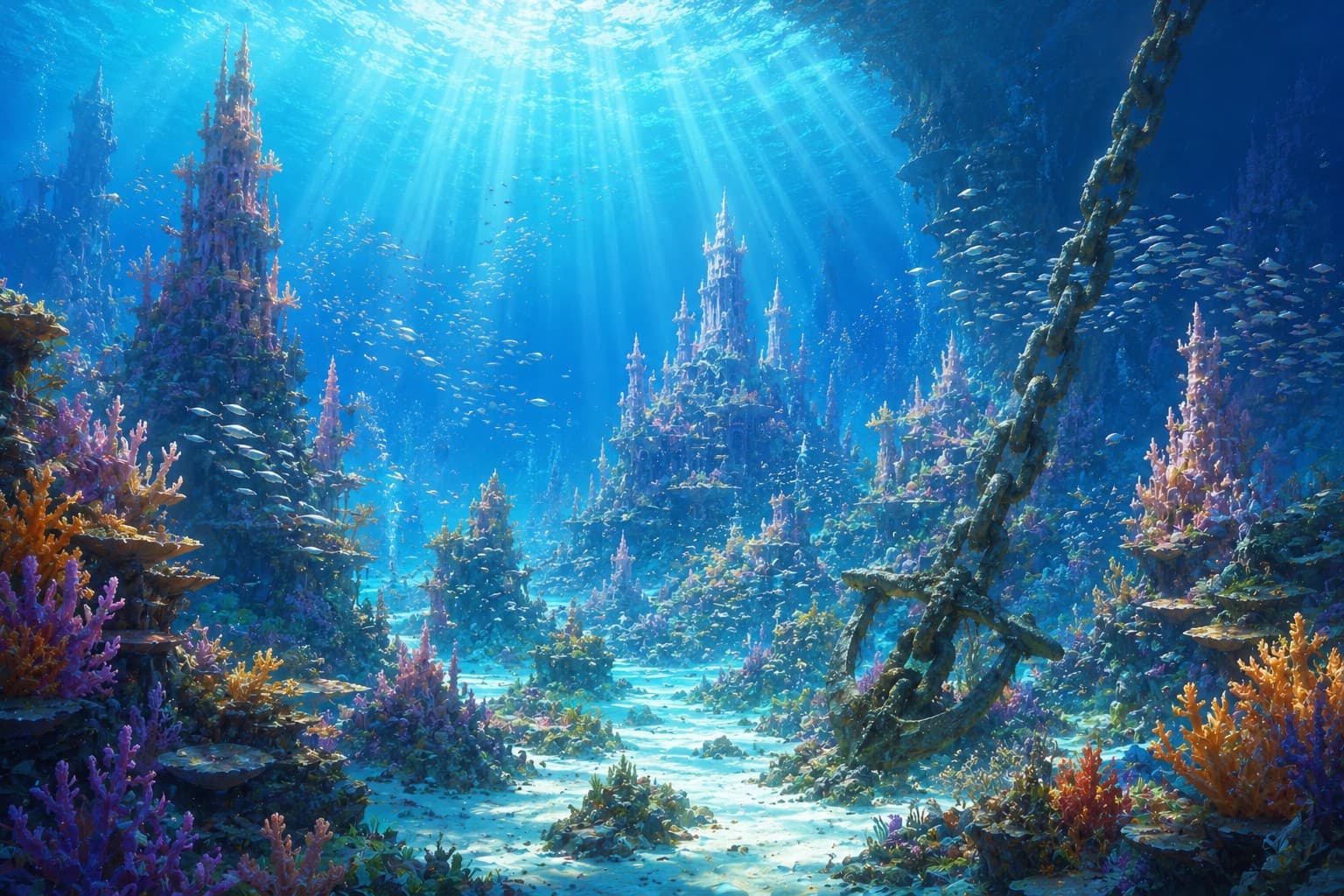 An underwater scene with coral-covered towers, schools of fish, and a large sunken anchor and chain, lit by shafts of sunlight.