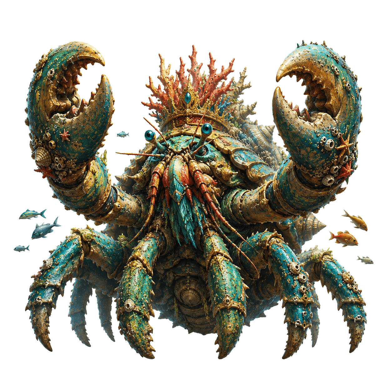 A crowned crab-like guardian in teal and gold armor, ringed with coral, raising two massive pincers.