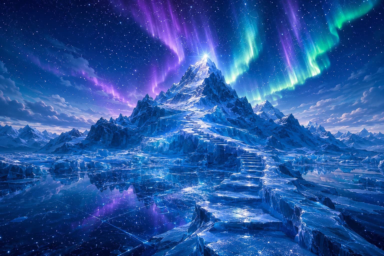 A snowy mountain peak lit by the aurora borealis, with a glowing ice stairway leading to the summit.