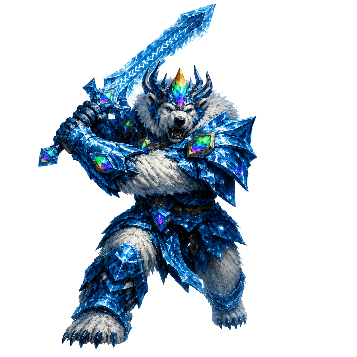 An armored polar-bear guardian in crystal-blue armor set with rainbow gems, swinging a large crystal greatsword.