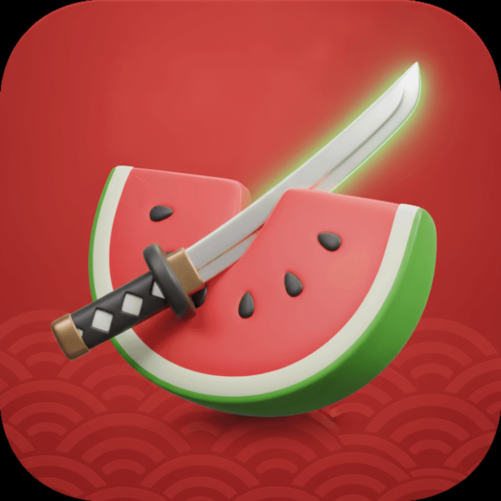 The Math Ninja app icon: a glossy toy-3D watermelon slice crossed by a glowing katana blade, on a red background with a wave pattern.