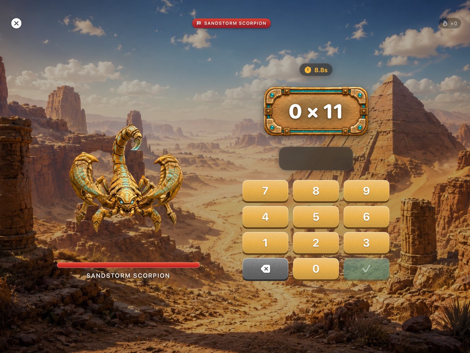 A timed boss fight against the Sandstorm Scorpion, a golden scorpion guardian in a desert canyon, with a multiplication question and number pad.