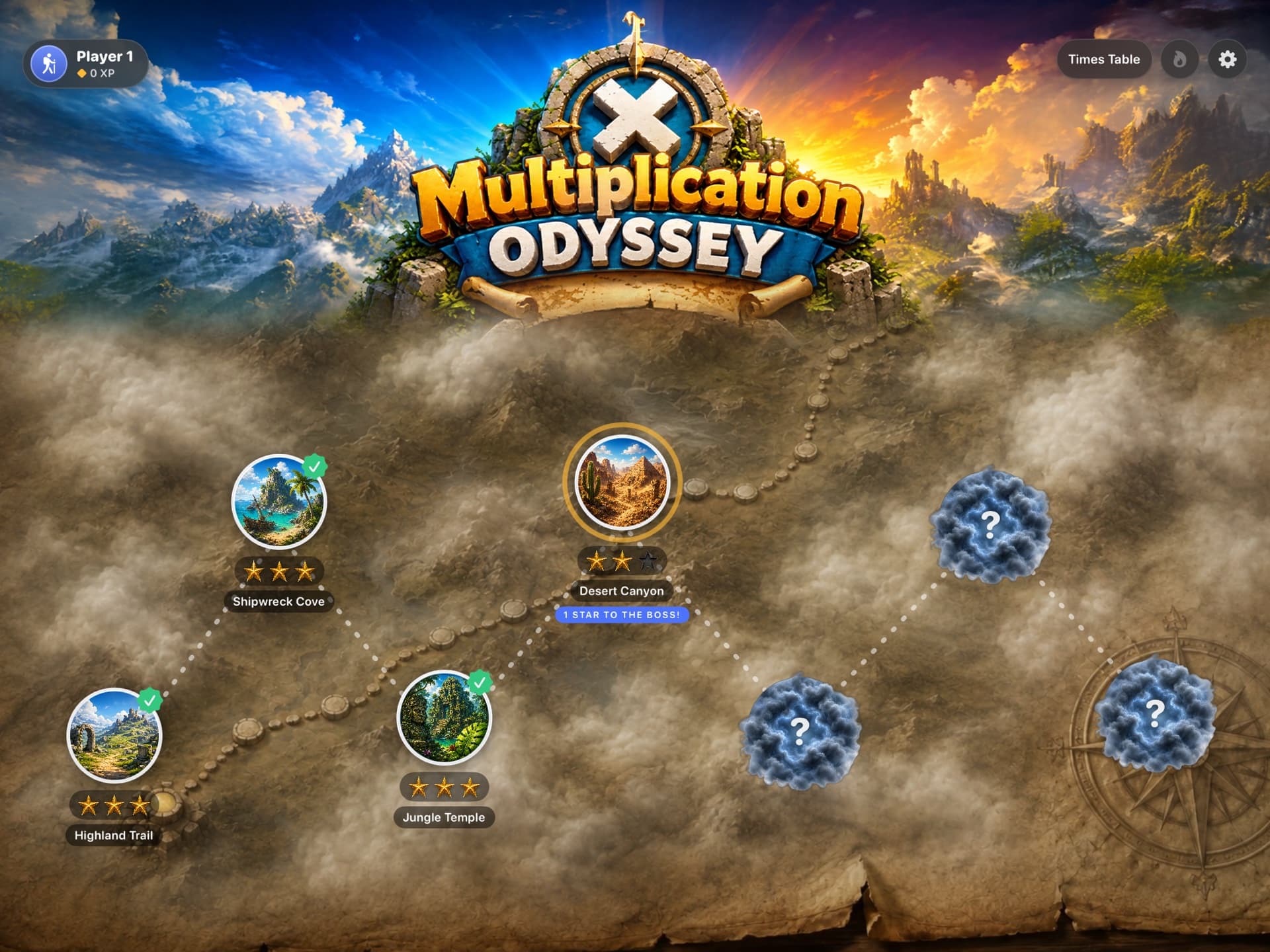 The Multiplication Odyssey world map: unlocked worlds with star ratings along a winding trail, and locked worlds hidden as storm clouds in the fog.