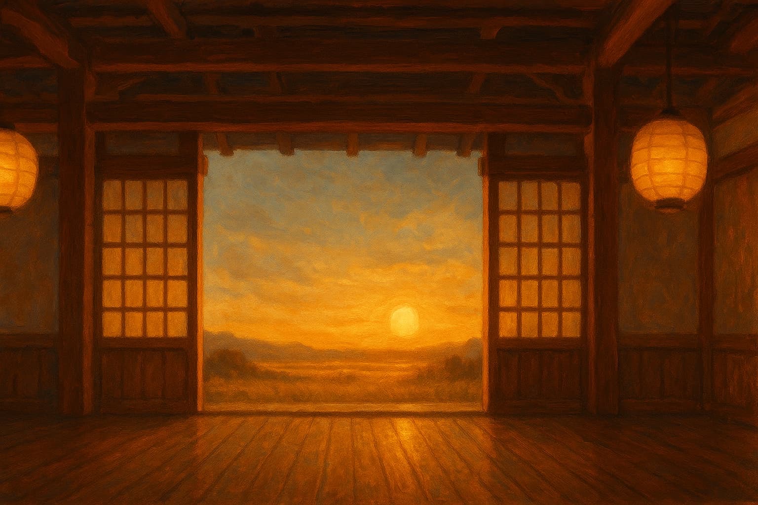 A dim wooden dojo interior at sunrise, with paper lanterns and open sliding doors looking out over misty hills.