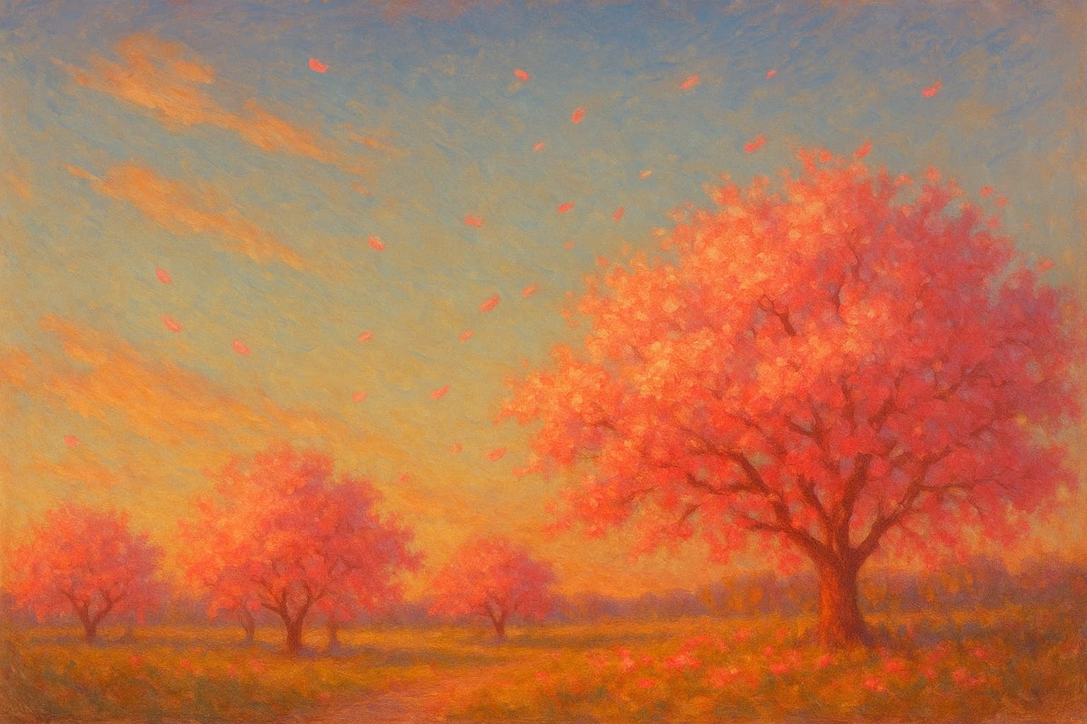 A row of trees full of warm pink-and-orange leaves or blossoms, glowing in late sunset light, with petals drifting across the sky.