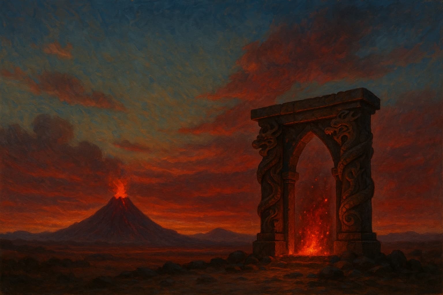A carved stone archway glowing with fire in front of an erupting volcano under a deep red sky.